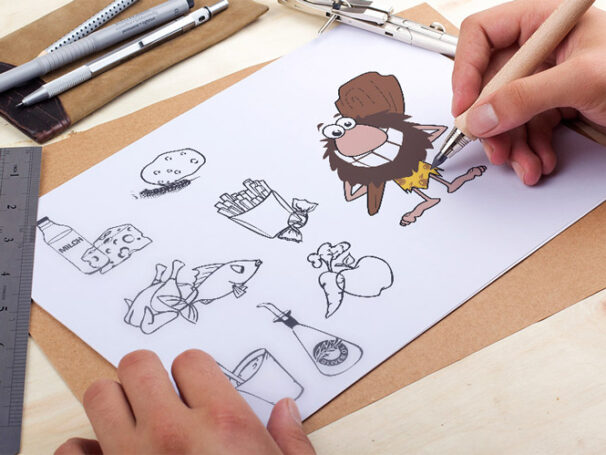 ®K-DESIGNBÜRO Referenzprojekt: Illustration Höhlenmensch & Lebensmittel
