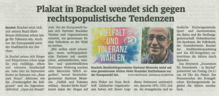 Pressebericht: Plakat in Brackel wendet sich gegen rechtspopulistische Tendenzen (Sponsor: RK-DESIGNBÜRO, Werbeagentur, Dortmund-Brackel)