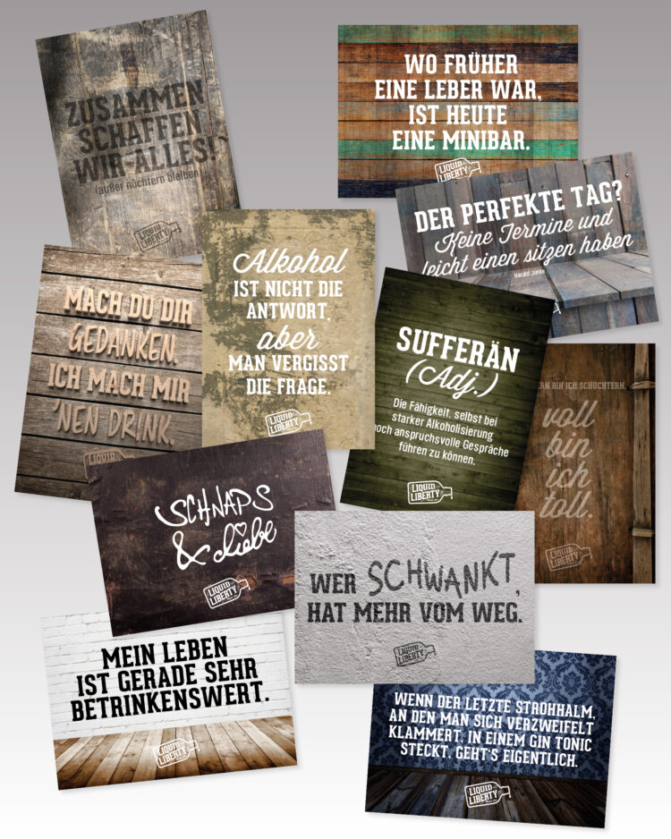 ®K-DESIGNBÜRO Referenzprojekt: Imagewerbung / Postkarten Gastronomie (Cocktailbar) mit witzigen Alkohol Sprüchen