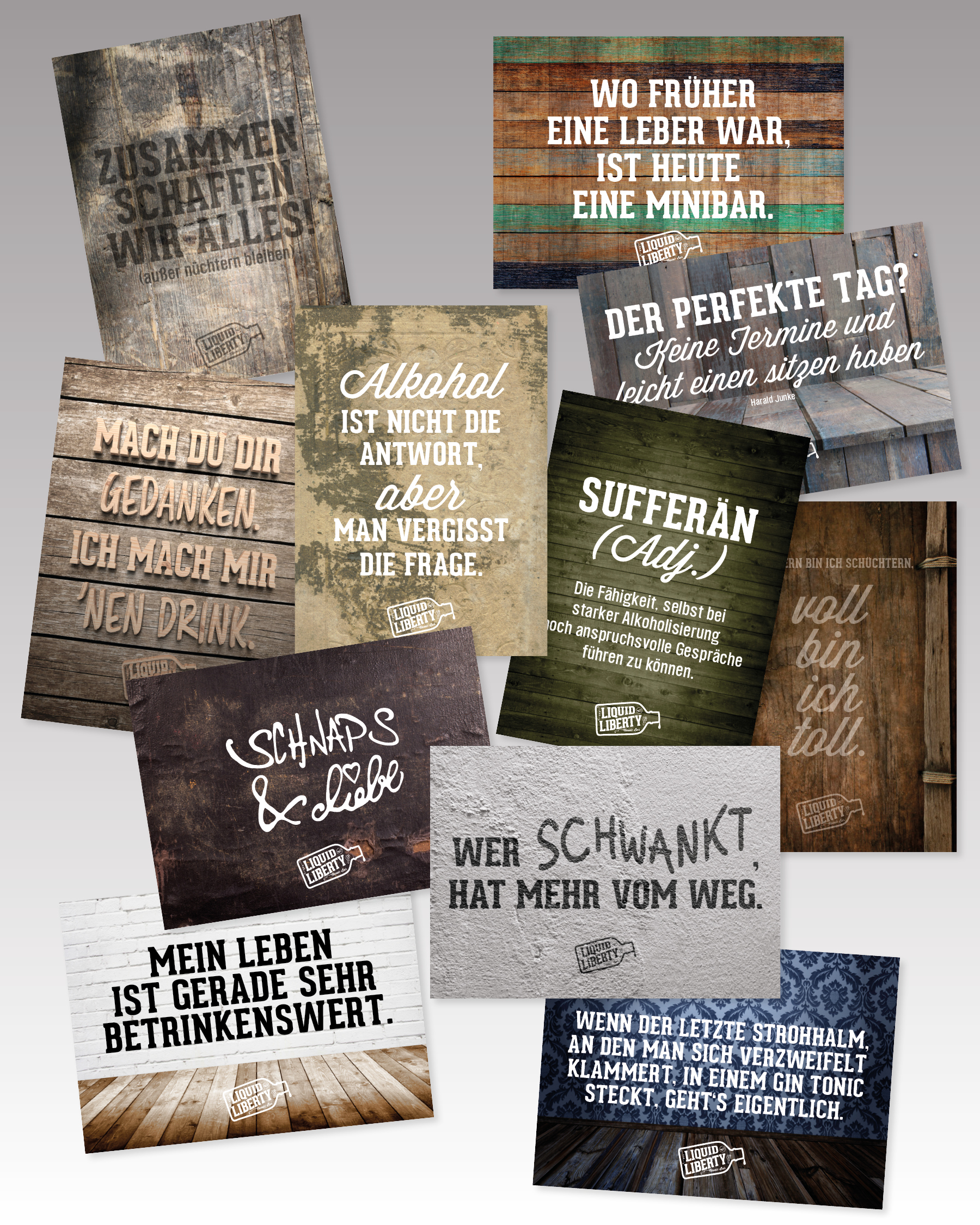 ®K-DESIGNBÜRO Referenzprojekt: Imagewerbung / Postkarten Gastronomie (Cocktailbar) mit witzigen Alkohol Sprüchen